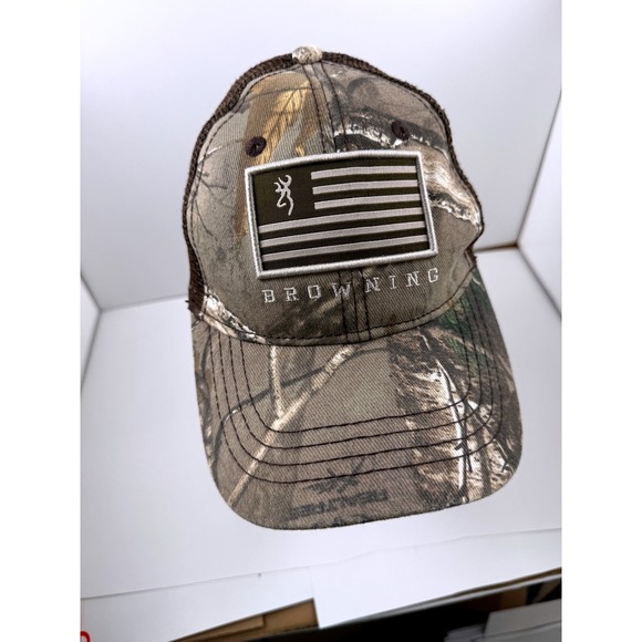 Browning Other - Browning Camo Trucker Hat Mens Realtree Edge American Flag Patch Snapback Cap